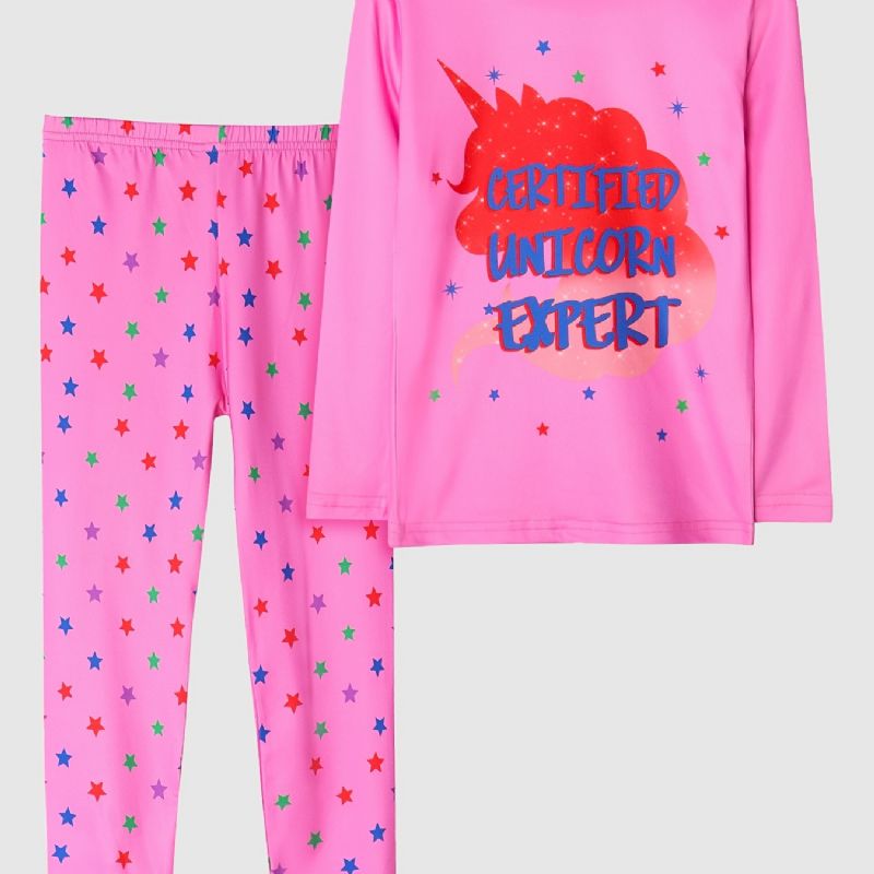 Børn Piger Pyjamas Pink Unicorn Print Rund Hals Langærmede Bukser Sæt