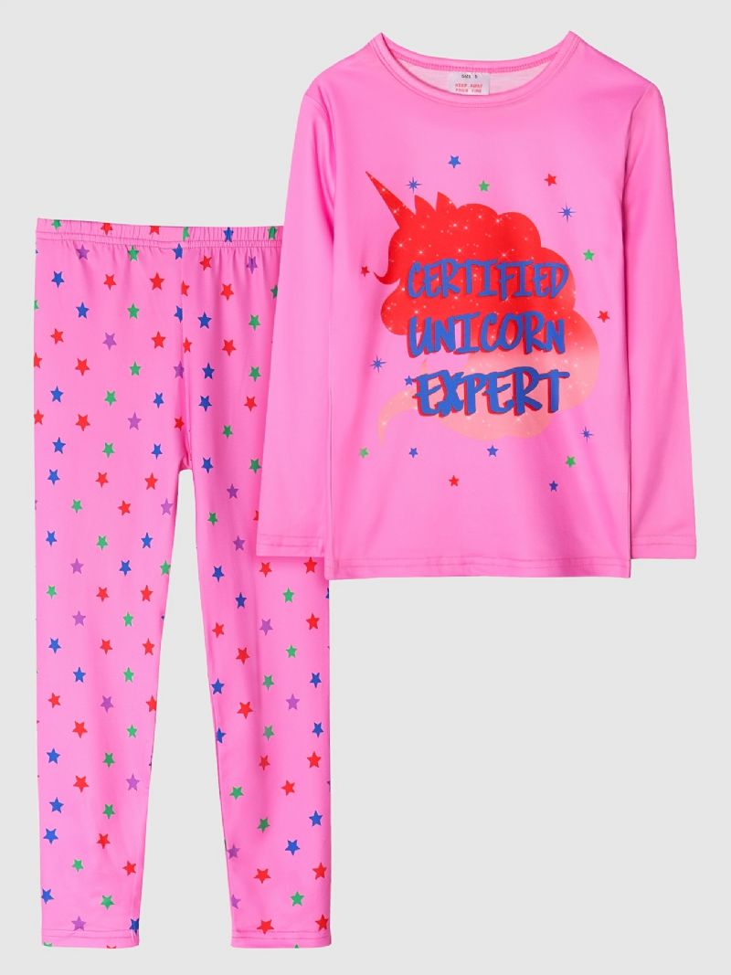 Børn Piger Pyjamas Pink Unicorn Print Rund Hals Langærmede Bukser Sæt