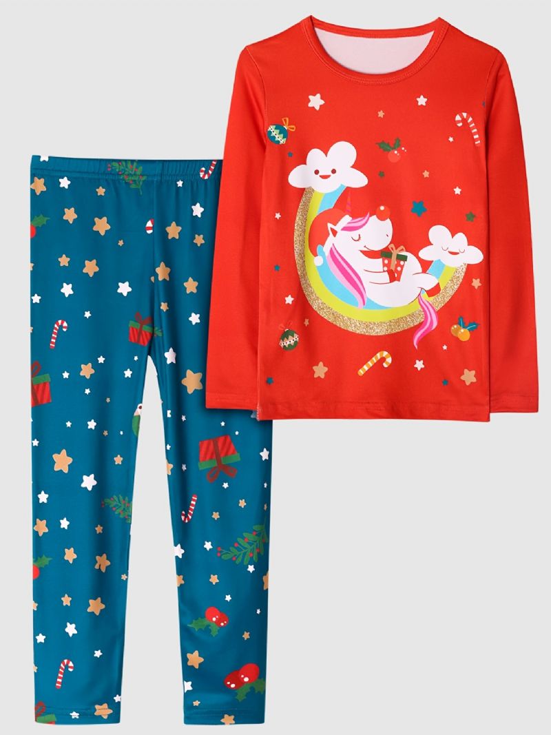 Børn Piger Pyjamas Unicorn Moon Print Rund Hals Langærmet Top & Bukser Sæt