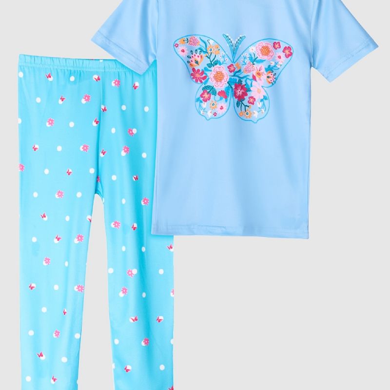 Børnepiger Pyjamas Blå Sommerfugleprint Med Rund Hals Kortærmet Top Og Bukser Børnetøjssæt