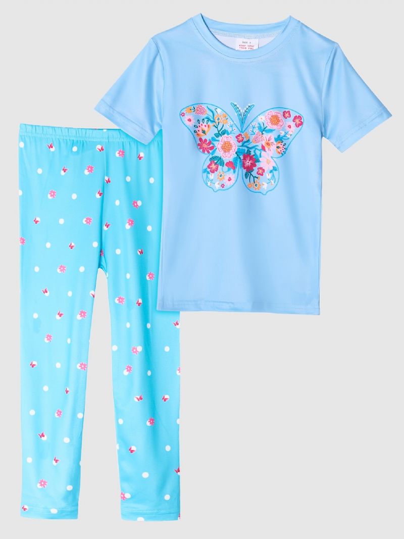 Børnepiger Pyjamas Blå Sommerfugleprint Med Rund Hals Kortærmet Top Og Bukser Børnetøjssæt