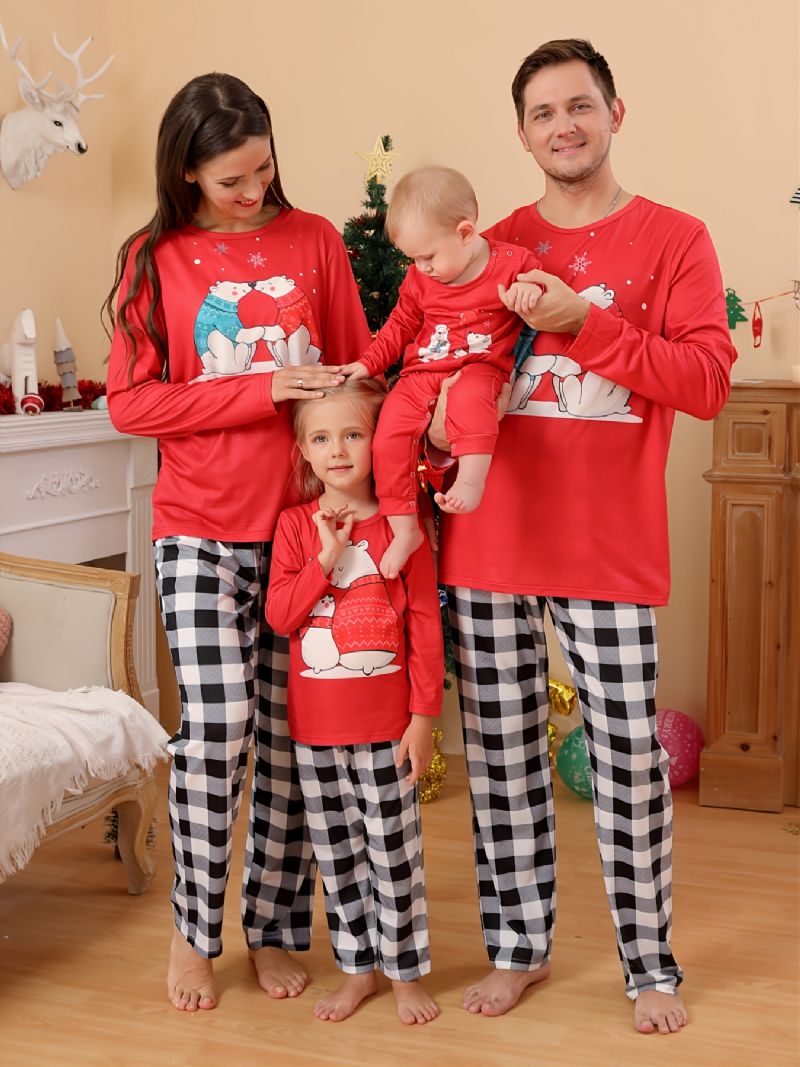 Jul Ny Børnefest Tegneserie Bjørn Rød Rund Hals Top Sort Plaid Bukser Pyjamas Sæt