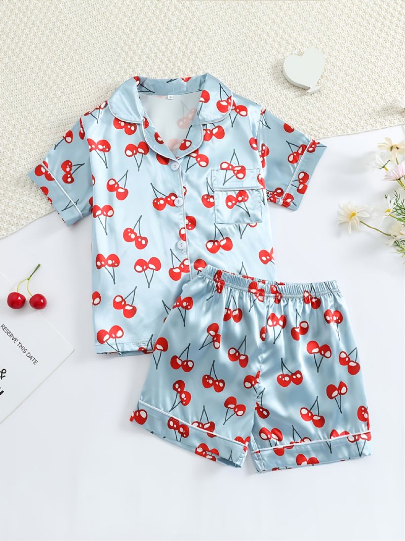 Kortærmede Piger Shorts Blåt Stof Cherry Print Casual Pyjamas To Stykke Sæt