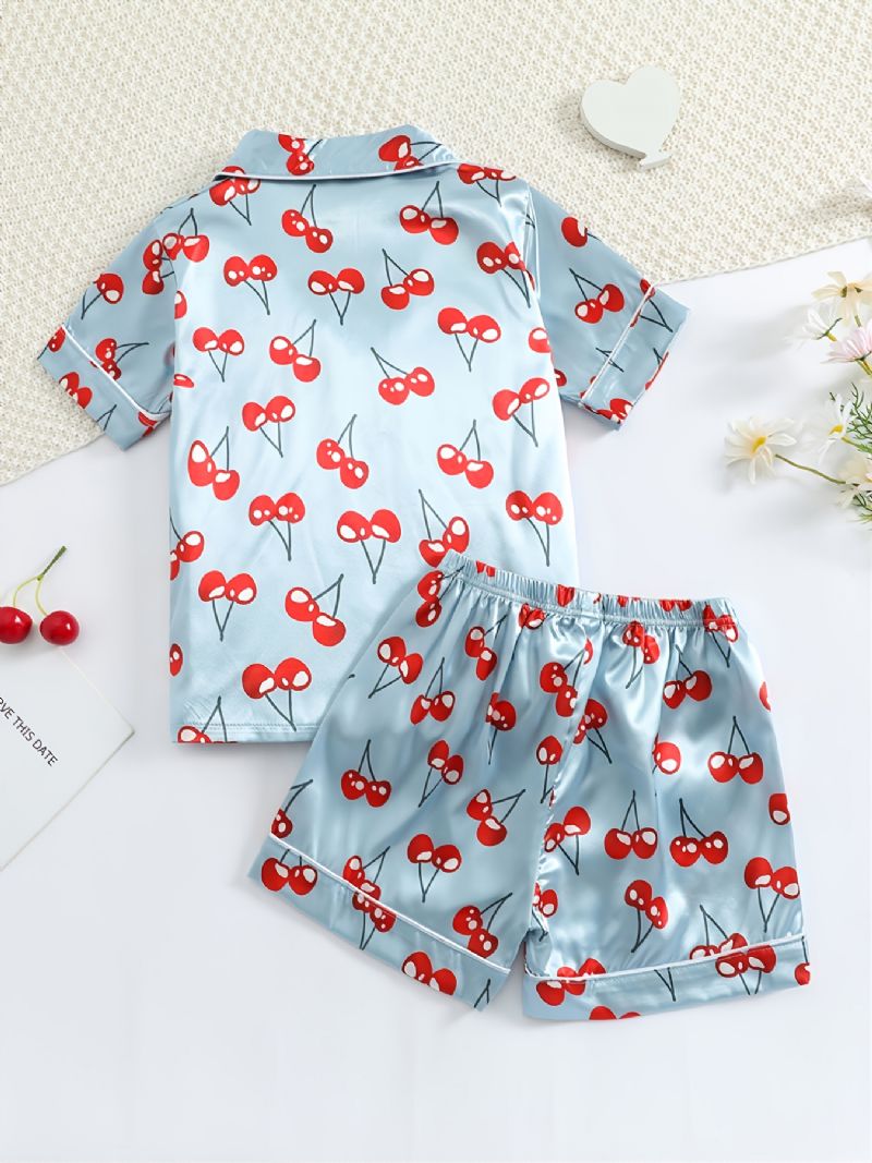 Kortærmede Piger Shorts Blåt Stof Cherry Print Casual Pyjamas To Stykke Sæt