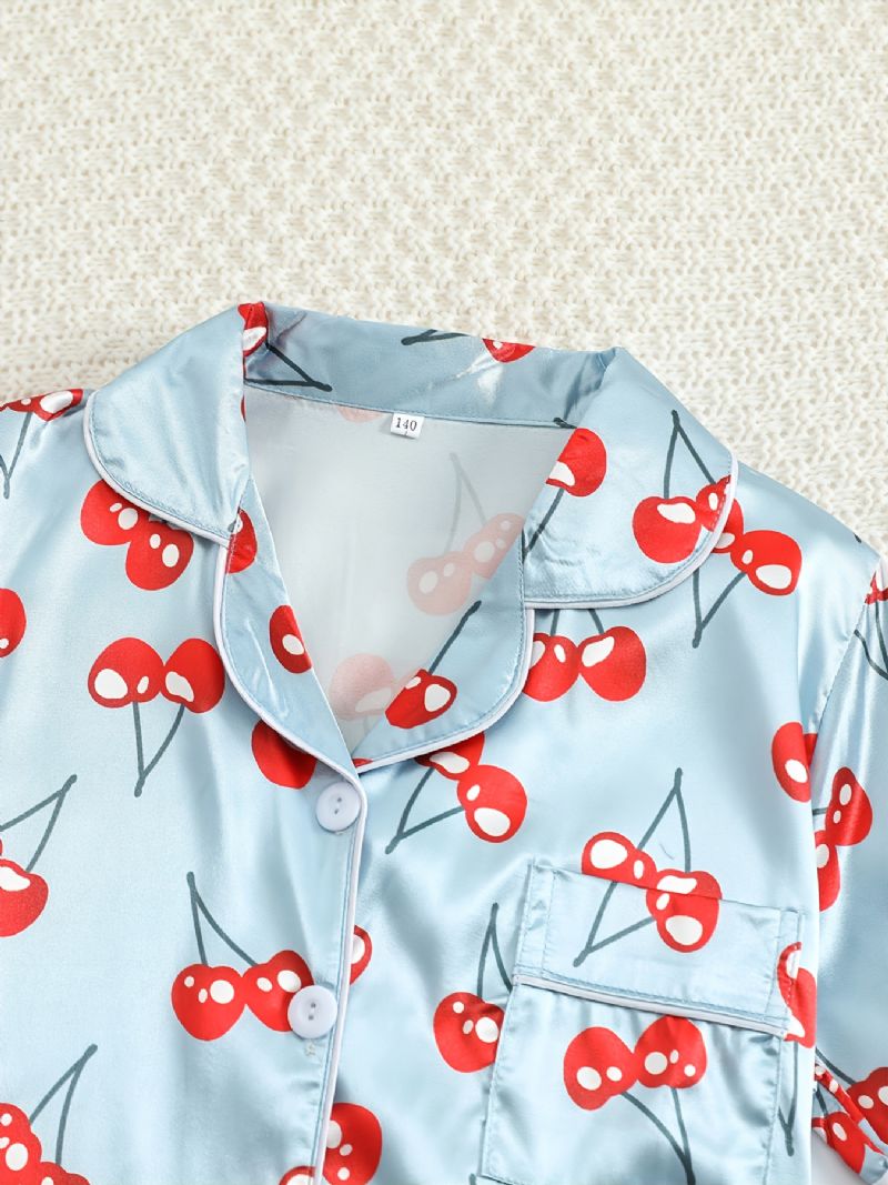 Kortærmede Piger Shorts Blåt Stof Cherry Print Casual Pyjamas To Stykke Sæt