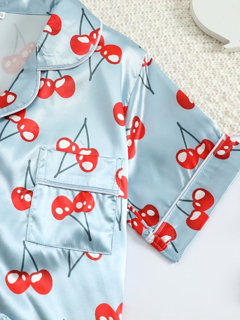 Kortærmede Piger Shorts Blåt Stof Cherry Print Casual Pyjamas To Stykke Sæt