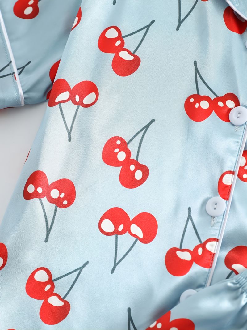 Kortærmede Piger Shorts Blåt Stof Cherry Print Casual Pyjamas To Stykke Sæt