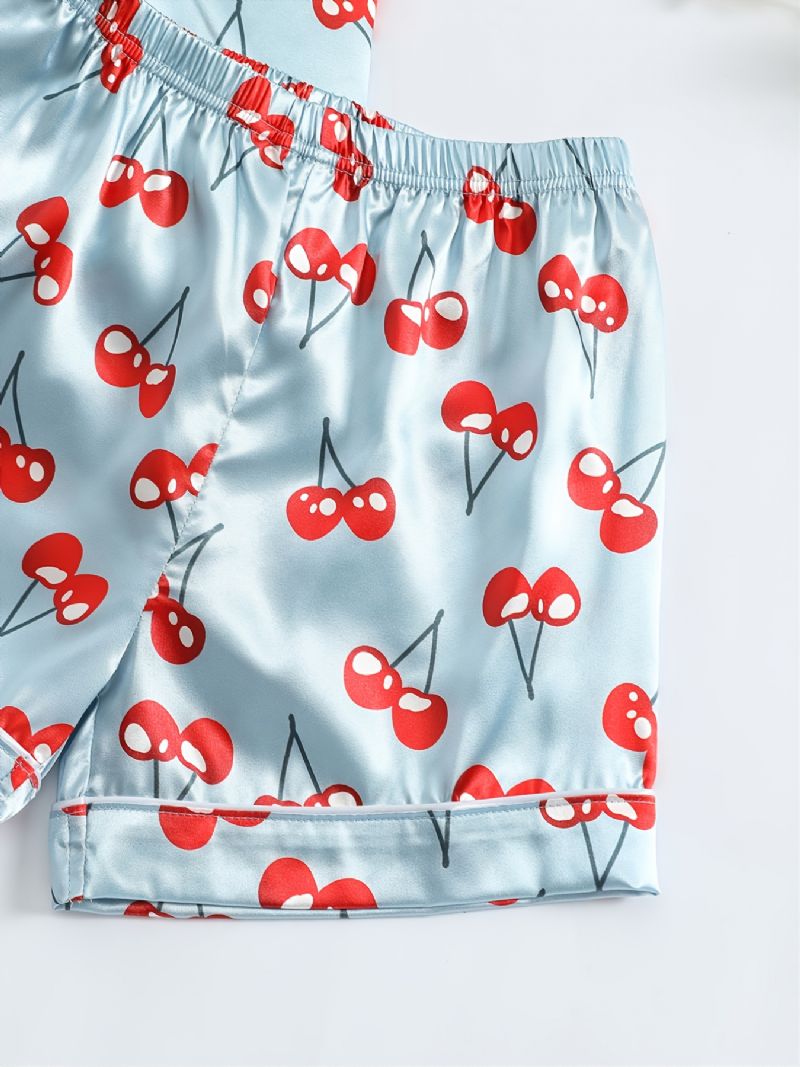 Kortærmede Piger Shorts Blåt Stof Cherry Print Casual Pyjamas To Stykke Sæt