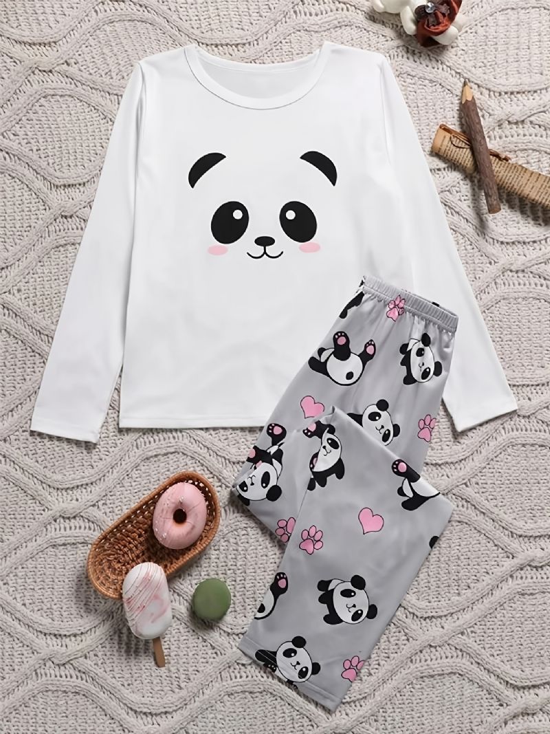 Panda Print Langærmet Top + Bukser Pyjamas Sæt Børnetøj