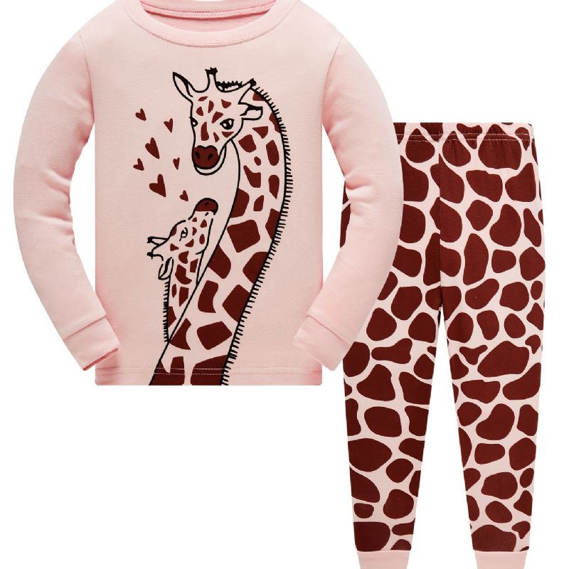 Piger Casual Giraffe Print Pyjamas Sæt Med Toppe & Bukser Børnetøj Til Hjemmet