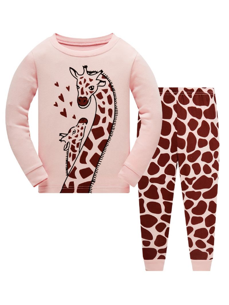 Piger Casual Giraffe Print Pyjamas Sæt Med Toppe & Bukser Børnetøj Til Hjemmet