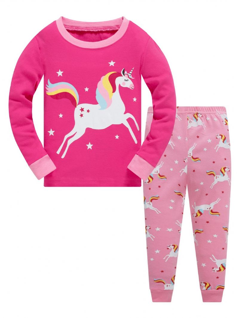 Piger Farve Unicorn Tegneserie Dyr Langærmet Pyjamas Sæt