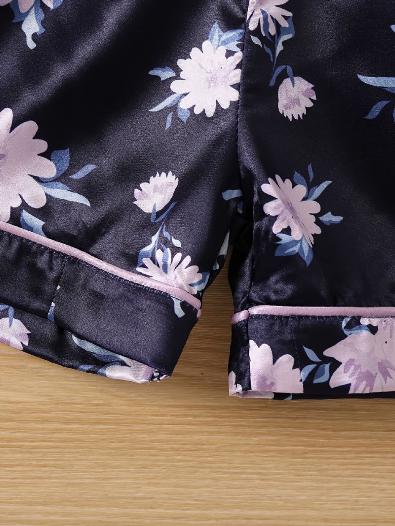 Piger Kortærmet Satin Pyjamas Sæt Med Blomstermønster Børnetøj