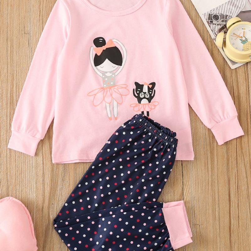 Piger Pink Rundhalset Langærmet Ballerina Top & Polka Dot Pyjamas Sæt 2 Stk.