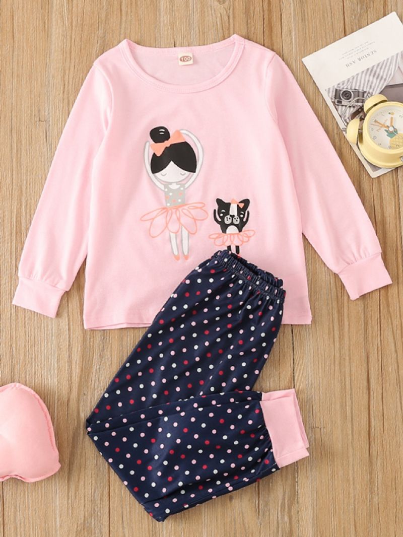 Piger Pink Rundhalset Langærmet Ballerina Top & Polka Dot Pyjamas Sæt 2 Stk.