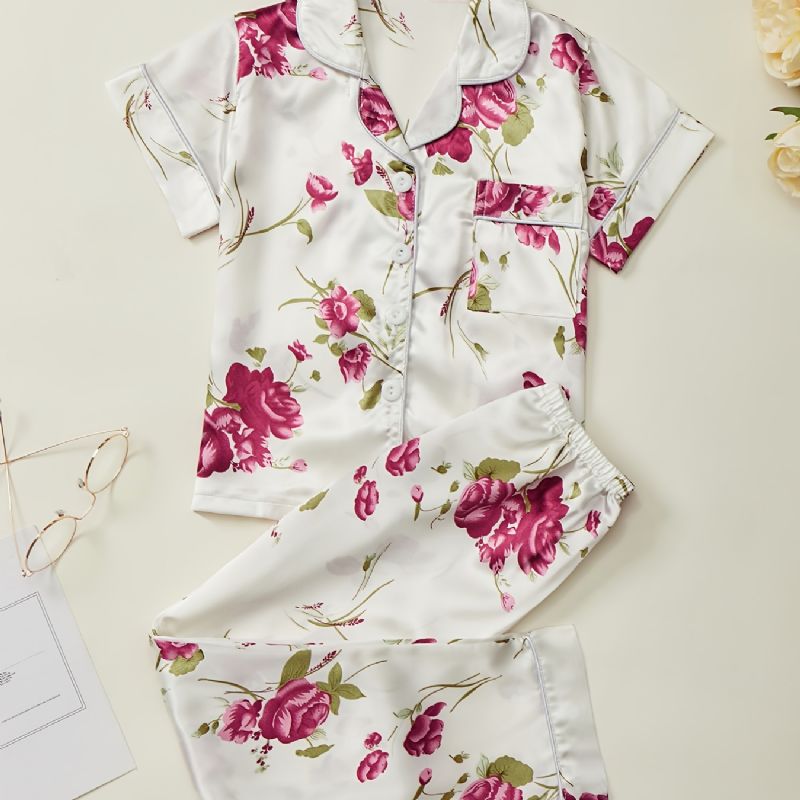 Piger Pyjamas Familie Outfit Blomster Print Lapel Kortærmet Top & Bukser Sæt Børnetøj