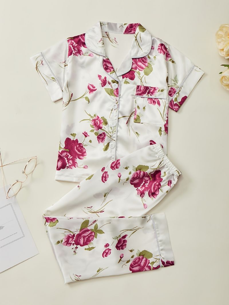 Piger Pyjamas Familie Outfit Blomster Print Lapel Kortærmet Top & Bukser Sæt Børnetøj