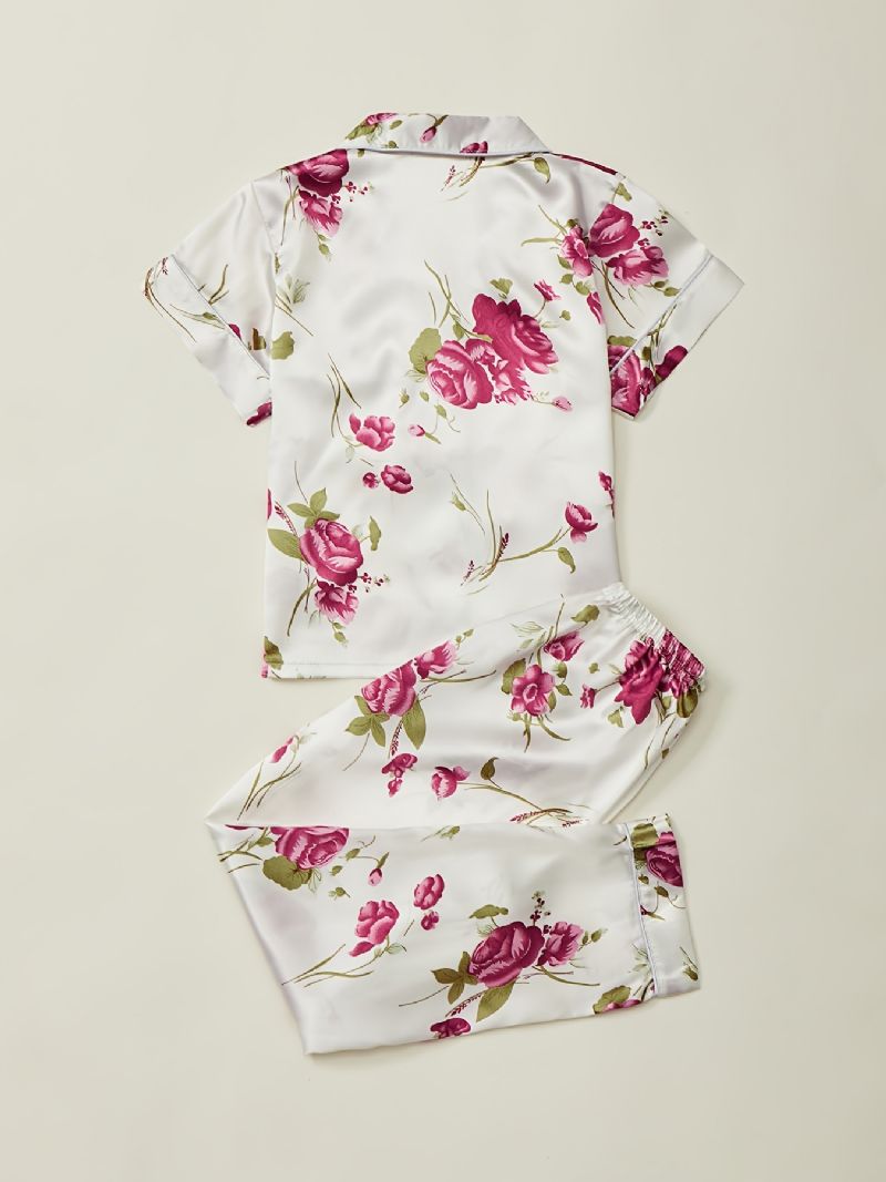 Piger Pyjamas Familie Outfit Blomster Print Lapel Kortærmet Top & Bukser Sæt Børnetøj