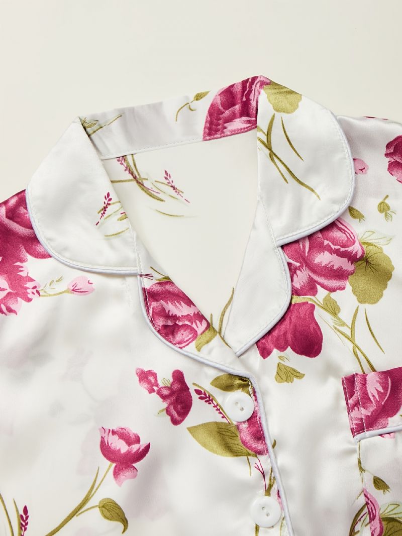 Piger Pyjamas Familie Outfit Blomster Print Lapel Kortærmet Top & Bukser Sæt Børnetøj