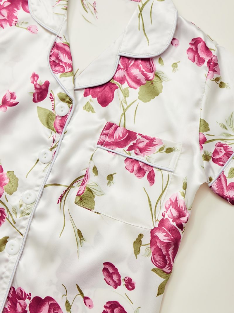 Piger Pyjamas Familie Outfit Blomster Print Lapel Kortærmet Top & Bukser Sæt Børnetøj