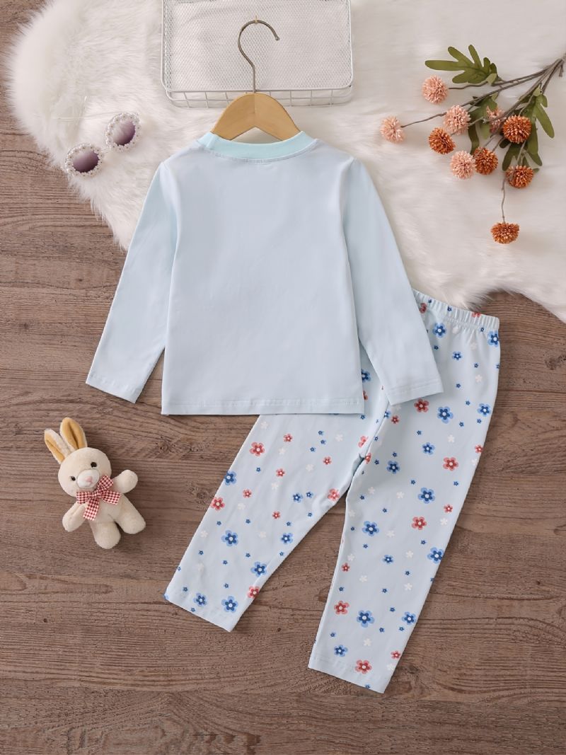 Piger Pyjamas Familie Outfit Sød Kanin Print Rund Hals Langærmet Top & Blomster Bukser Sæt Børnetøj