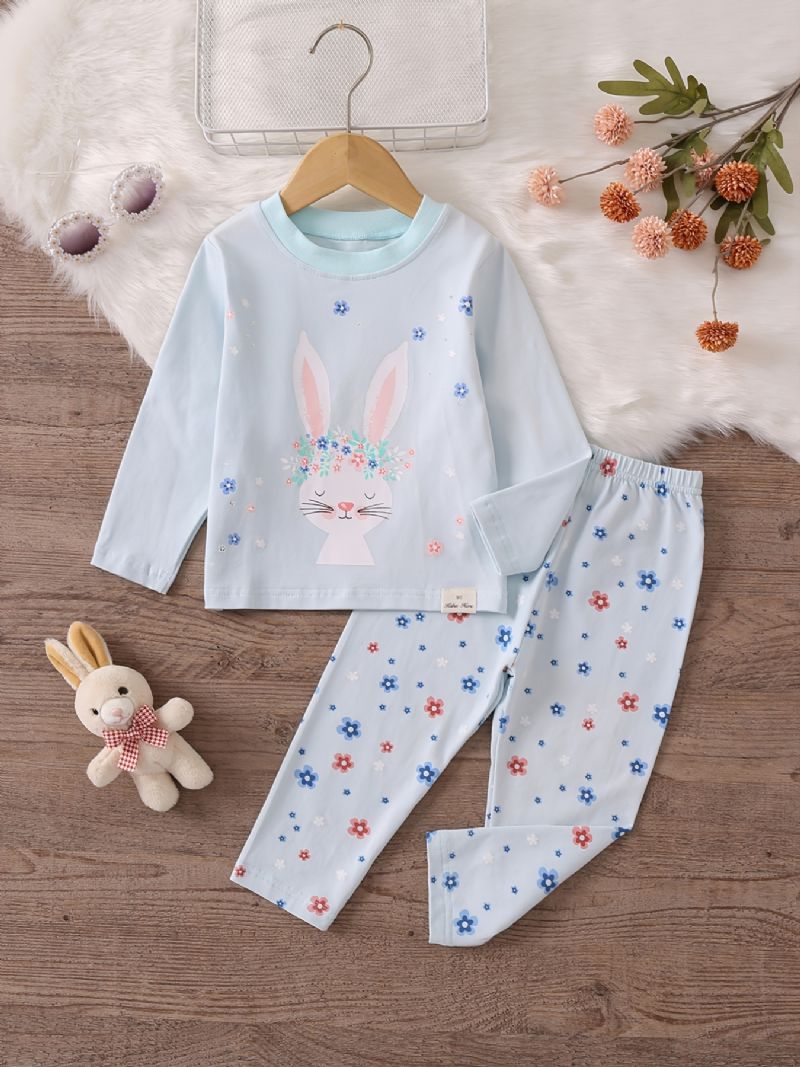 Piger Pyjamas Familie Outfit Sød Kanin Print Rund Hals Langærmet Top & Blomster Bukser Sæt Børnetøj