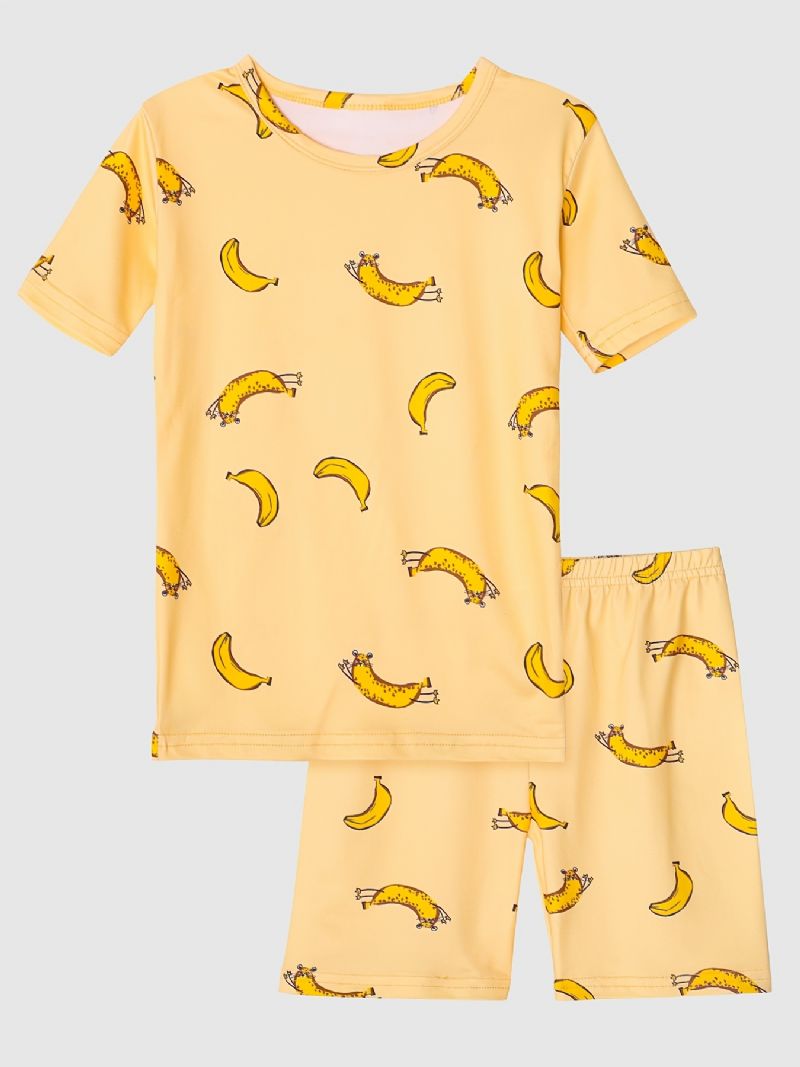 Piger Pyjamas Familieoutfit Banantryk Rundhalset Kortærmet Tee & Shorts Sæt Børnetøj