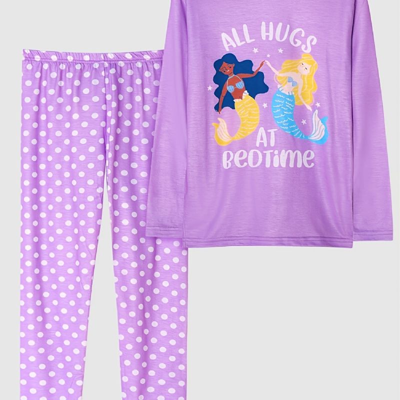 Piger Pyjamas Familieoutfit Havfrueprint Med Rund Hals Og Langærmet Top Og Polkaprikkede Buksersæt Børnetøj