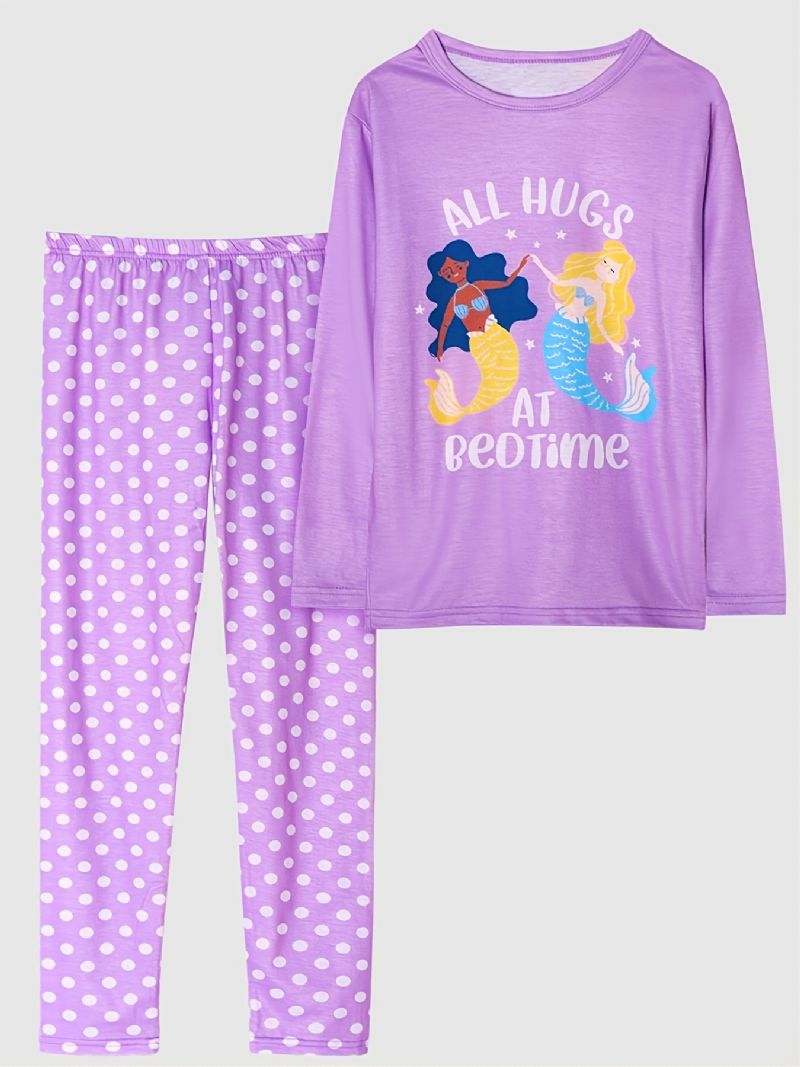 Piger Pyjamas Familieoutfit Havfrueprint Med Rund Hals Og Langærmet Top Og Polkaprikkede Buksersæt Børnetøj