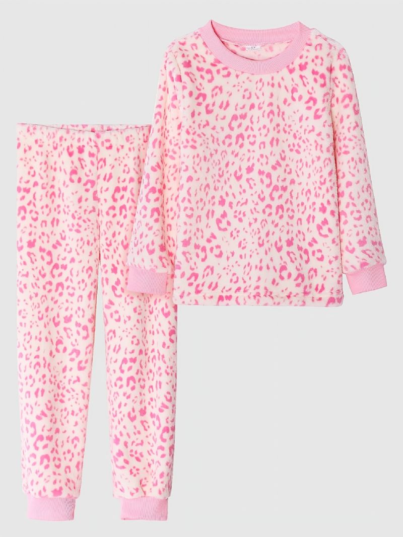 Piger Pyjamas Familieoutfit Pink Leopard Rundhalset Langærmet Top & Buksesæt Børnetøj