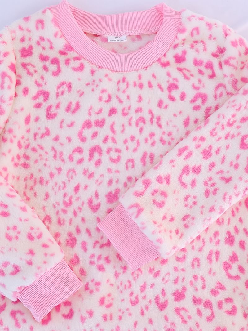 Piger Pyjamas Familieoutfit Pink Leopard Rundhalset Langærmet Top & Buksesæt Børnetøj