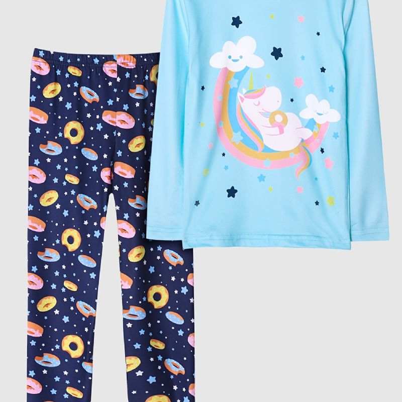 Piger Pyjamas Unicorn Moon Print Rund Hals Langærmet Top & Bukser Sæt