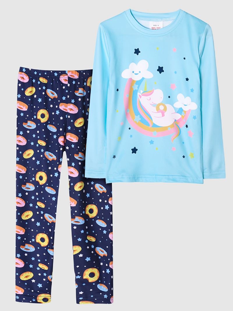 Piger Pyjamas Unicorn Moon Print Rund Hals Langærmet Top & Bukser Sæt