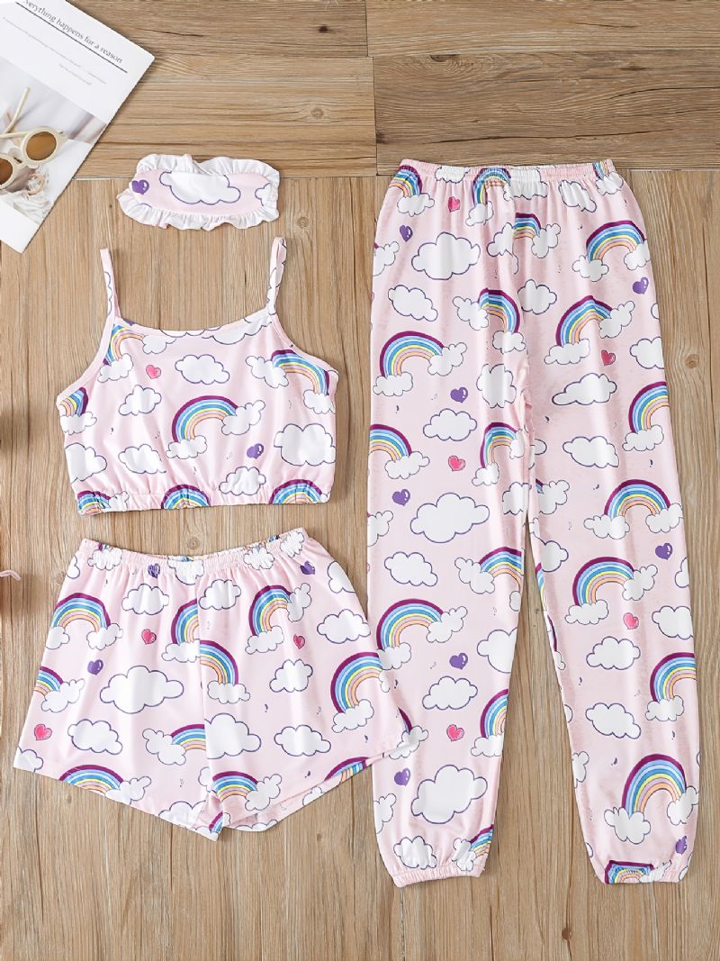 Piger Rainbow Cloud Printed Vest & Eye Mask & Nattøj Bukser Shorts Pyjamassæt