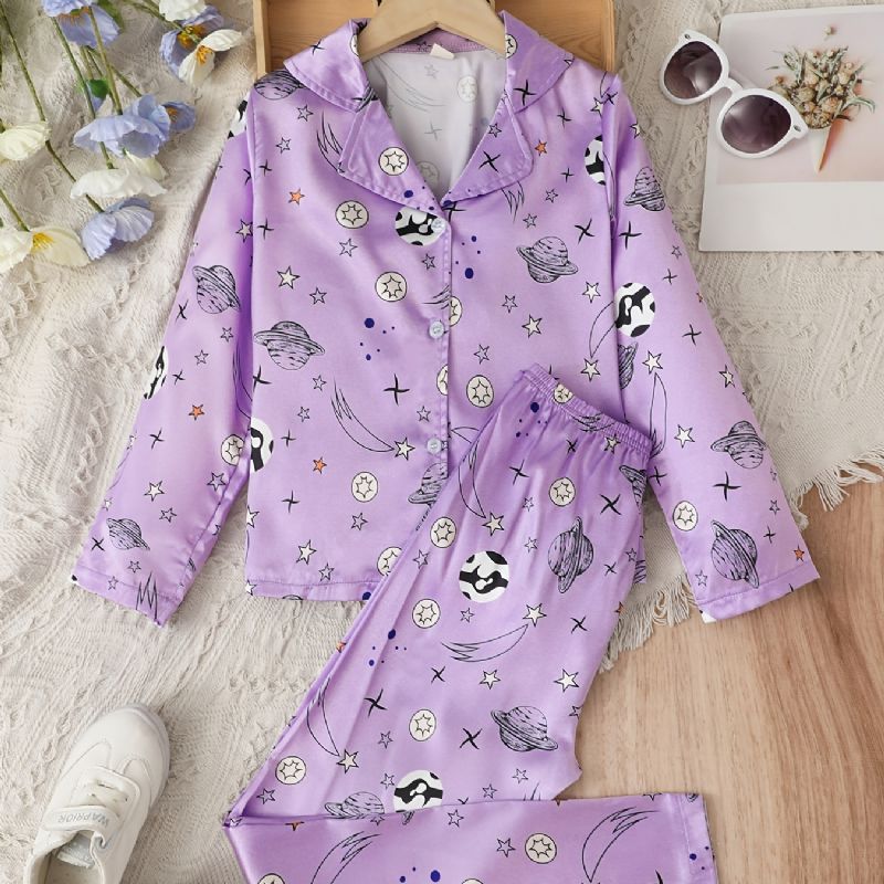 Piger Satin Stjerneprint Pyjamas Sæt Langærmet Skjorte + Matchende Bukser Sæt Lounge Wear Hjemmetøj Børnetøj