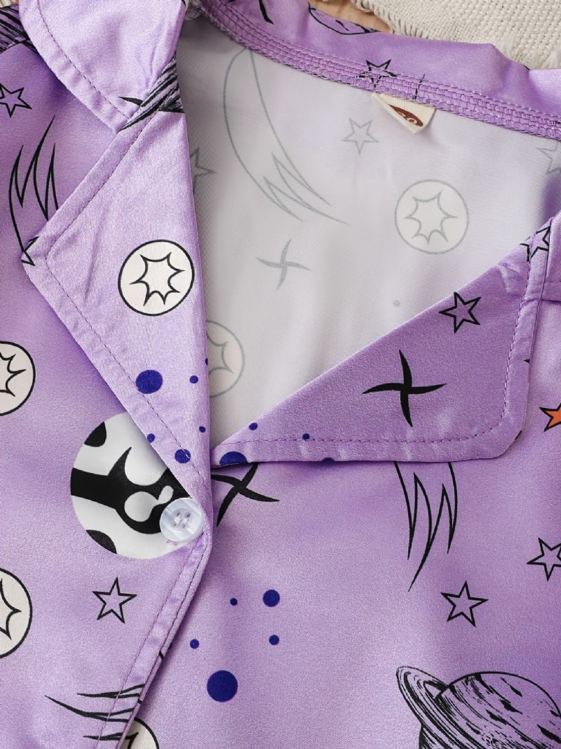 Piger Satin Stjerneprint Pyjamas Sæt Langærmet Skjorte + Matchende Bukser Sæt Lounge Wear Hjemmetøj Børnetøj