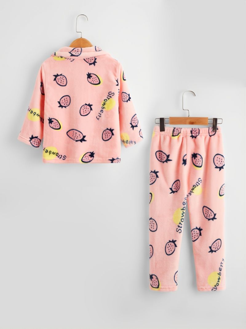 Piger Søde Jordbær Mønster Flannel Langærmet Varm Pige Pyjamas Sæt Pink