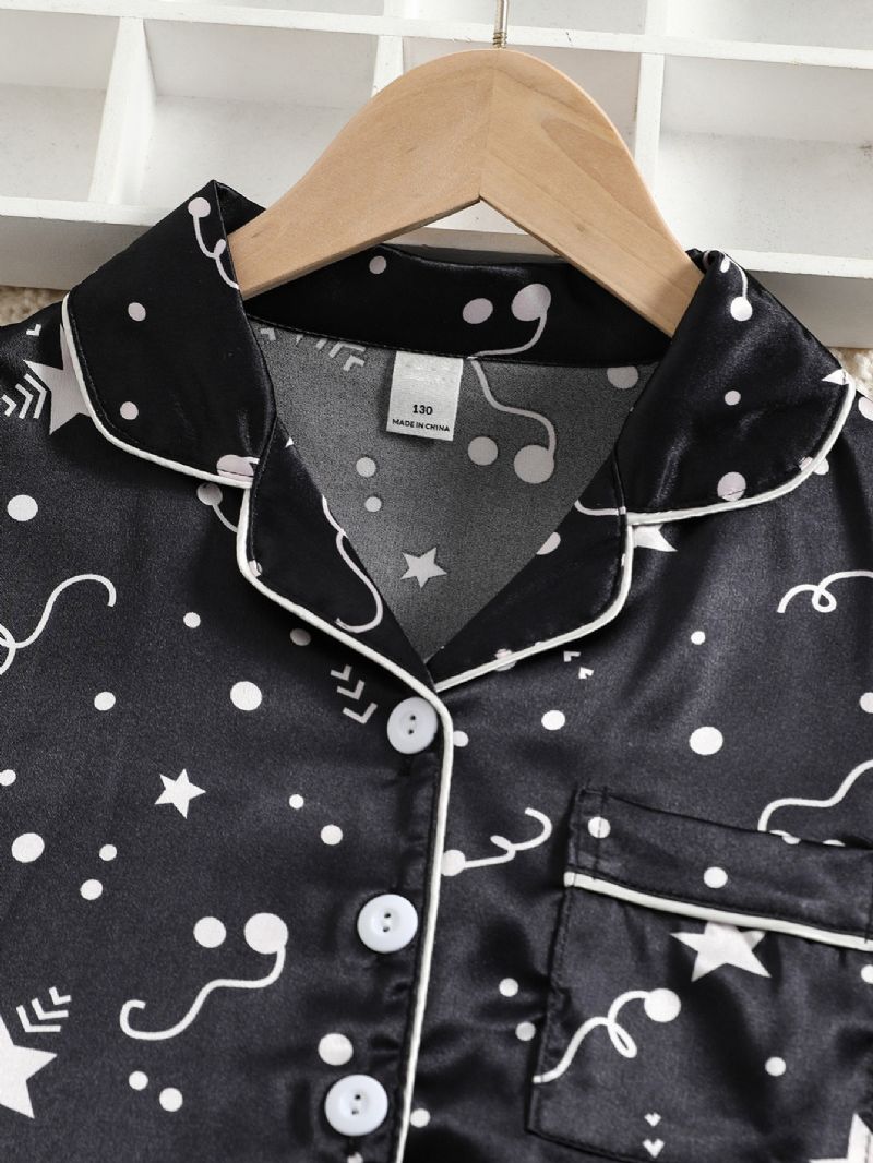 Piger Stjerne Print Grafisk Satin Lapel Neck Pyjamas Sæt