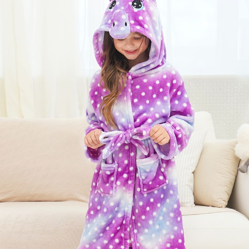 Piger Unicorn Hættebadekåbe Lilla Galaxy Dots Fleece Børnetøj Nattøj