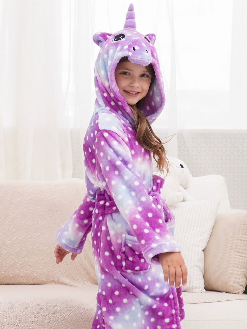 Piger Unicorn Hættebadekåbe Lilla Galaxy Dots Fleece Børnetøj Nattøj