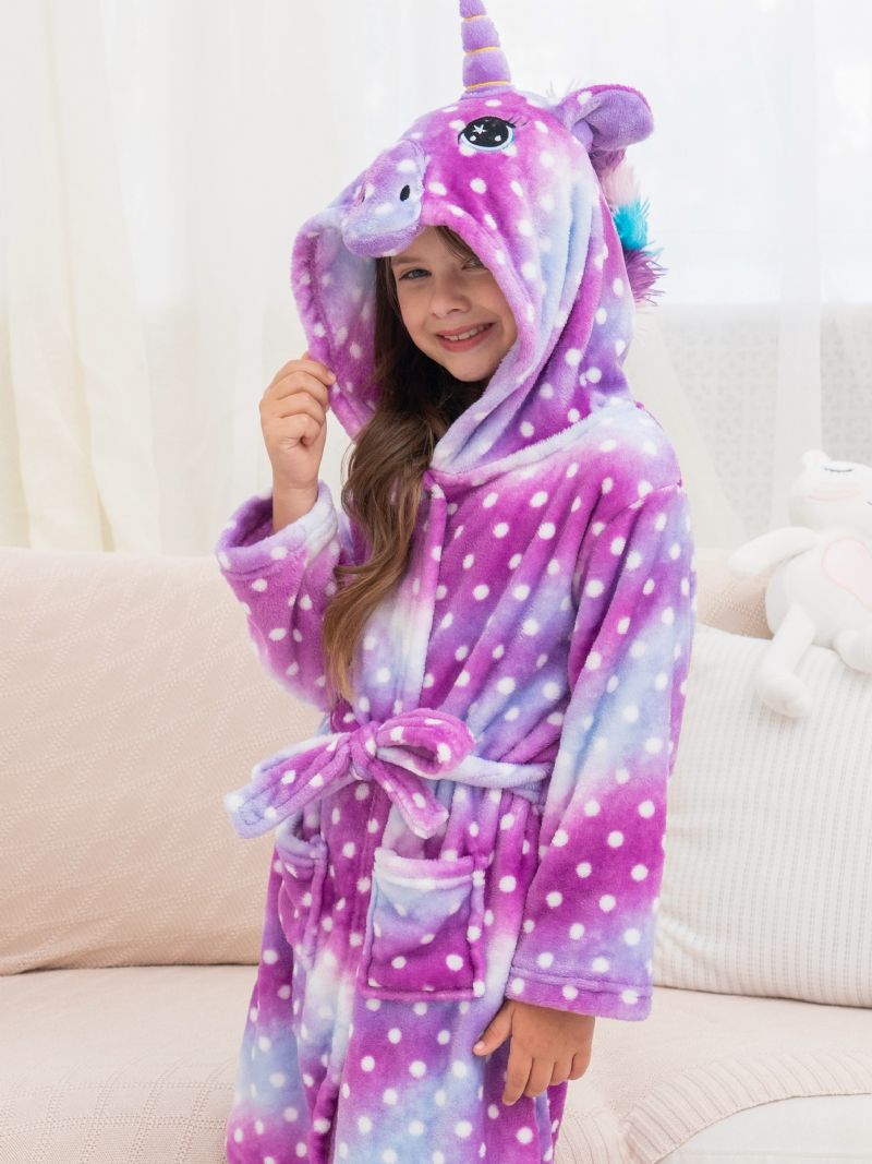 Piger Unicorn Hættebadekåbe Lilla Galaxy Dots Fleece Børnetøj Nattøj