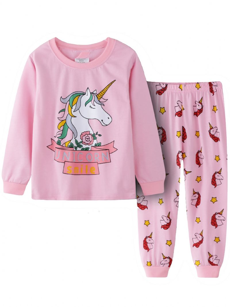 Piger Unicorn Print Casual Pyjamas Lounge Wear Hjemmetøj Langærmet Top & Matchende Bukser Sæt Børnetøj