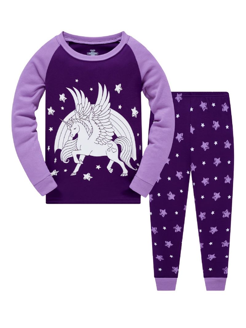 Popshion 2 Stk Piger Fluorescerende Unicorn Glødende Tegneserie Lilla Langærmet Pyjamas Bomuldsdragt