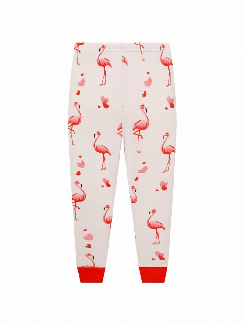 Popshion 2 Stk Søde Flamingo Tegnefilm Dyre Top & Kontrast Trim Pyjamas Bukser Sæt