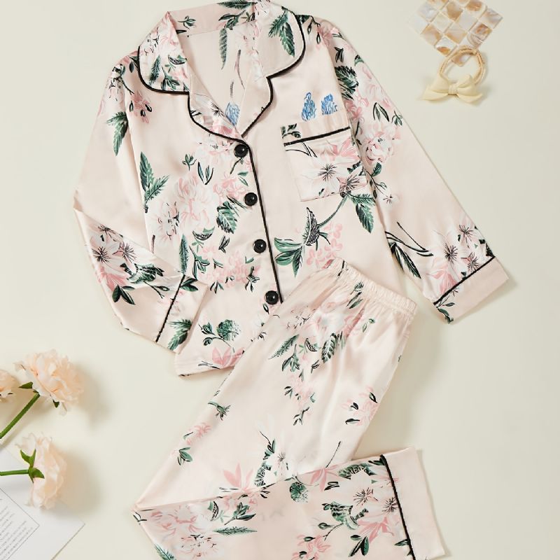 Pyjamas Med Blomsterprint Til Piger Familieoutfit V-udskæring Langærmet Top Og Elastiske Taljebukser Børnetøj