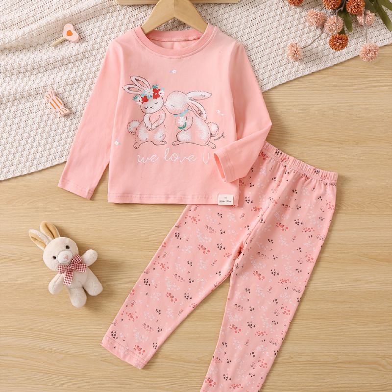 Småbørn Baby Piger Pyjamas Familie Outfit Kanin Print Rund Hals Langærmet Top & Blomster Bukser Sæt