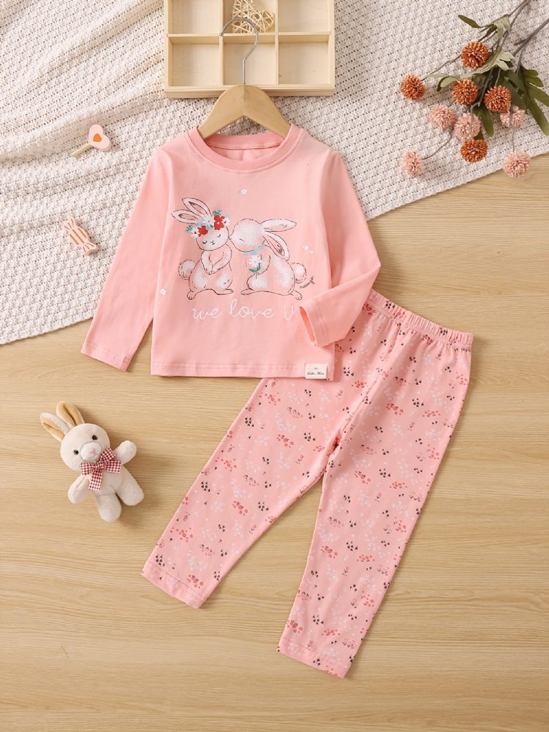 Småbørn Baby Piger Pyjamas Familie Outfit Kanin Print Rund Hals Langærmet Top & Blomster Bukser Sæt