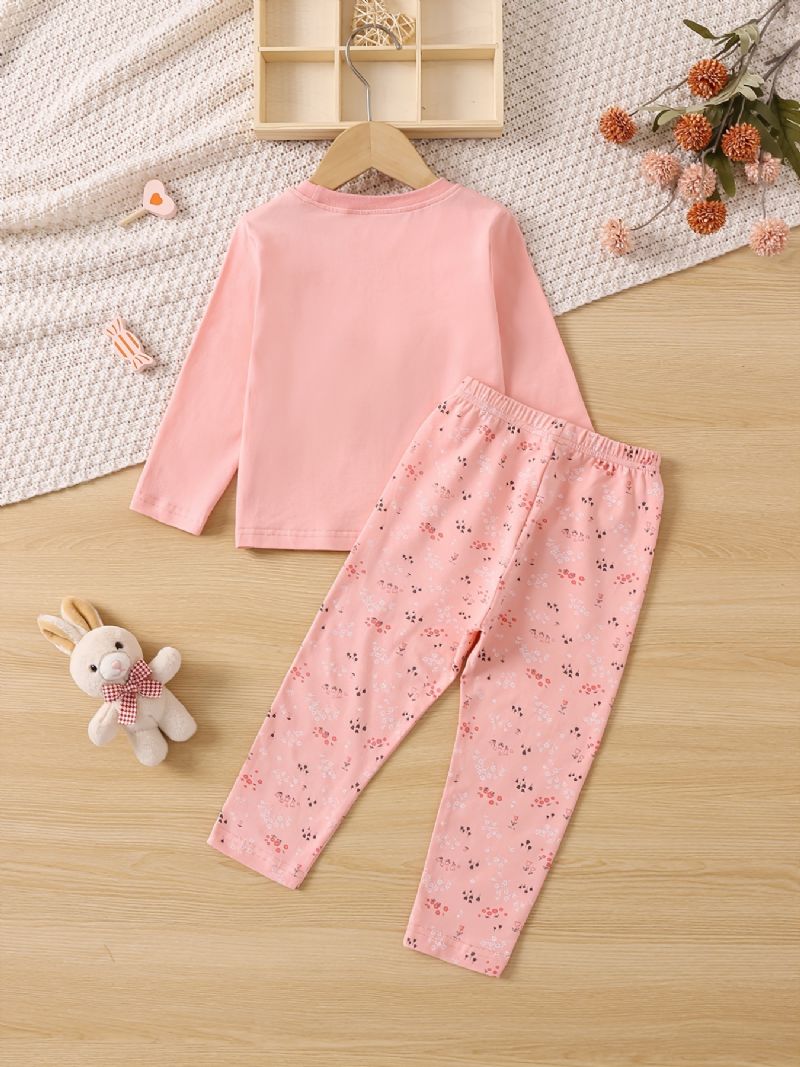 Småbørn Baby Piger Pyjamas Familie Outfit Kanin Print Rund Hals Langærmet Top & Blomster Bukser Sæt