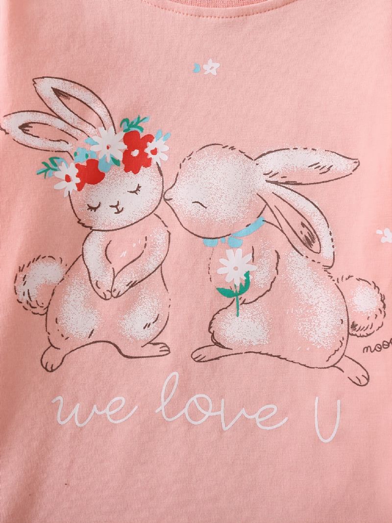 Småbørn Baby Piger Pyjamas Familie Outfit Kanin Print Rund Hals Langærmet Top & Blomster Bukser Sæt