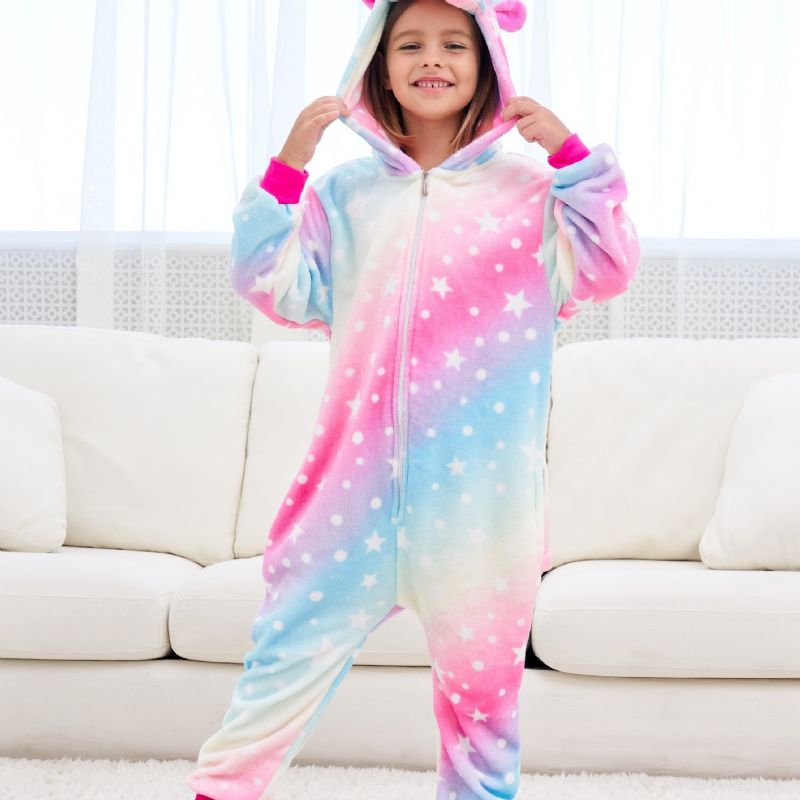 Sød Piger Fleece Thermal Rainbow Unicorn Hættepyjamas Til Hjemmefest